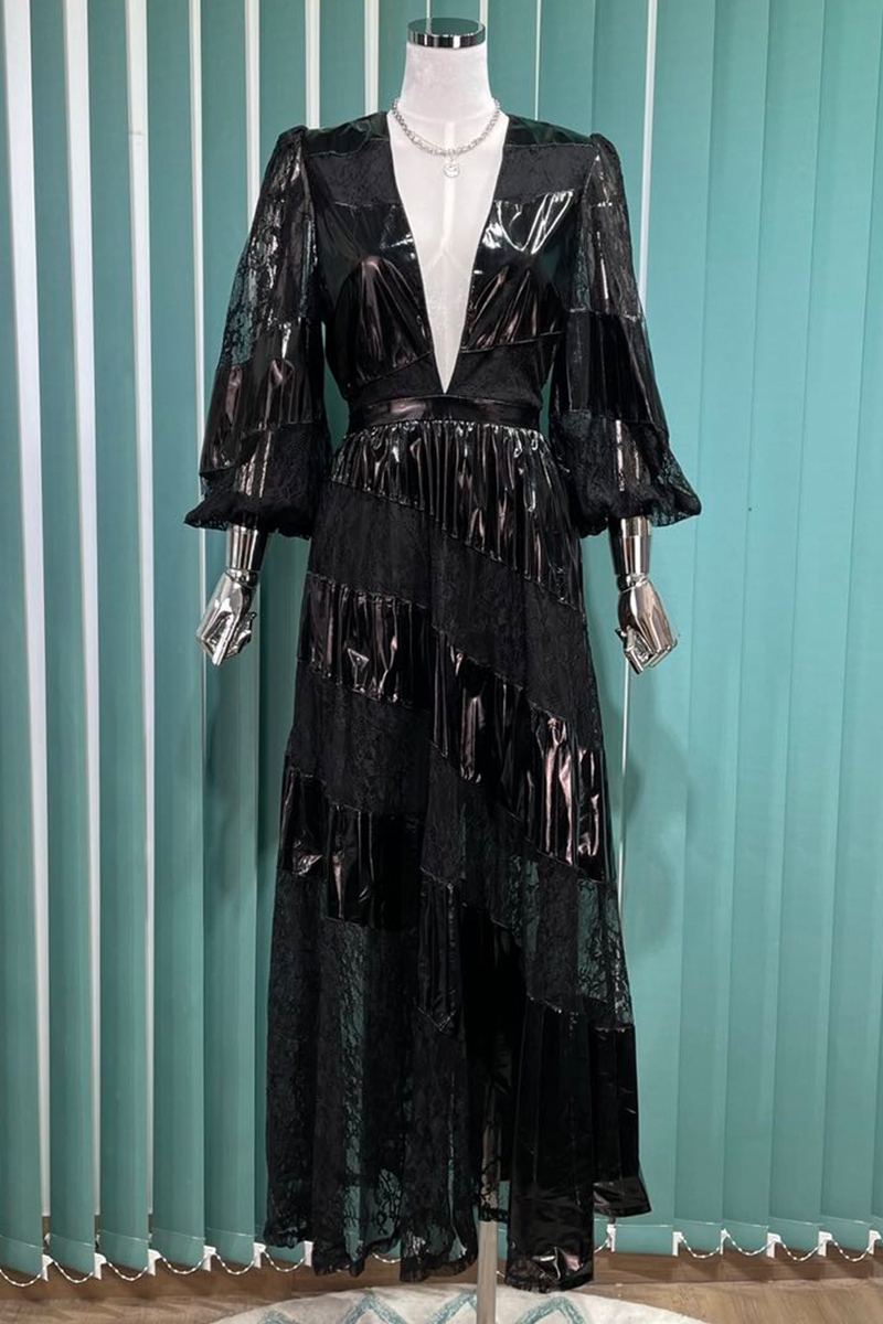 European Station Elegant Socialite High-Grade Deep V-neck Sexy Long Skirt Splicing Lace Patent Leather Dress for Women Autumn, Black
European Station Elegant Socialite High-Grade Deep V-neck Sexy Long Skirt Splicing Lace Patent Leather Dress for Women Autumn, Black