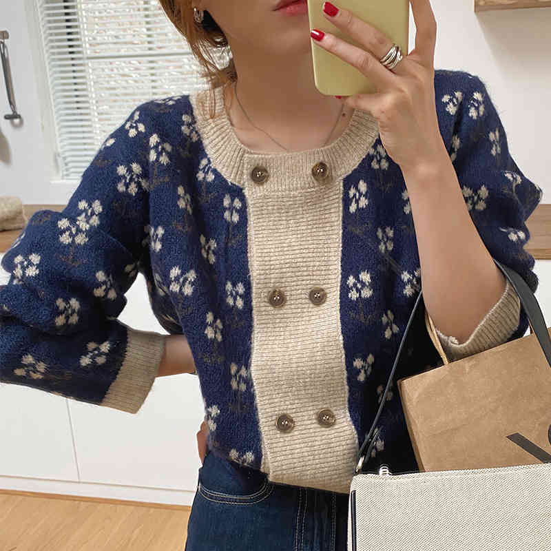 Ezgaga Women Knitted Cardigan Sweet O-Neck Chic Double Breasted Contrast Flower Jacquard Sweater Korean Ladies Warm Fashion 210430