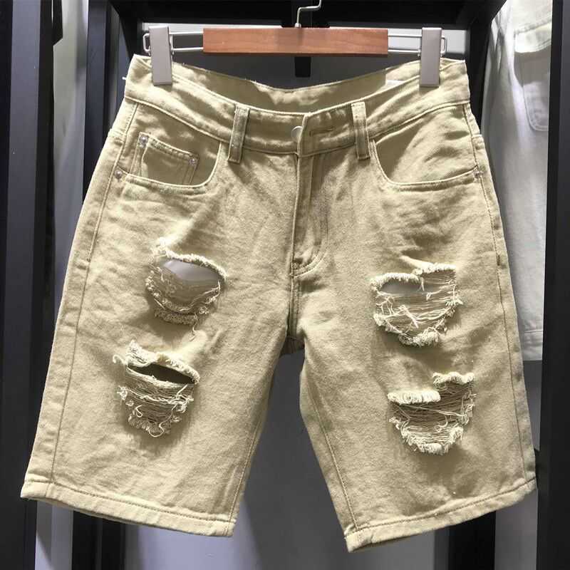 Summer white & black &Khaki Men Ripped Loose Straight Jeans Short Fashion Hip hop Bermuda Holes Casual Denim Cargo shorts 210713