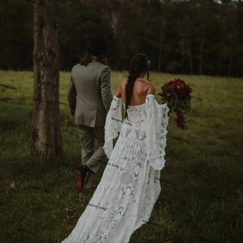 Nude Lining bohemian Wedding Dresses Cotton crochet Lace Unique Classical long sleeve country Bridal Gowns Rude Soriee Noivas