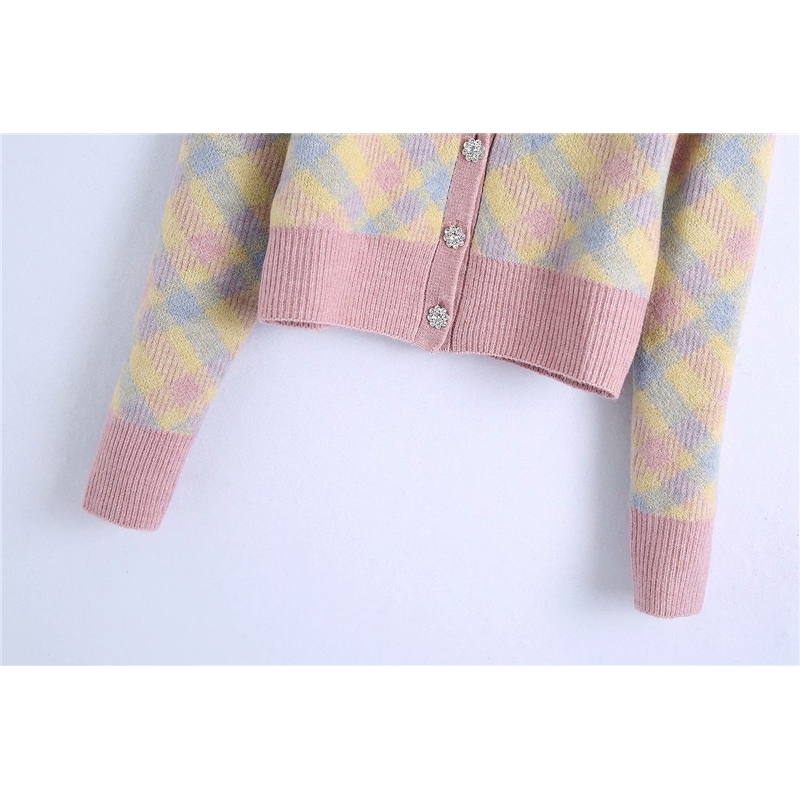 Streetwear Women Rhombus Plaid Sweaters Fashion Ladies Diamonds Button Coats Elegant Female Chic Knitted Cardigan 210430
