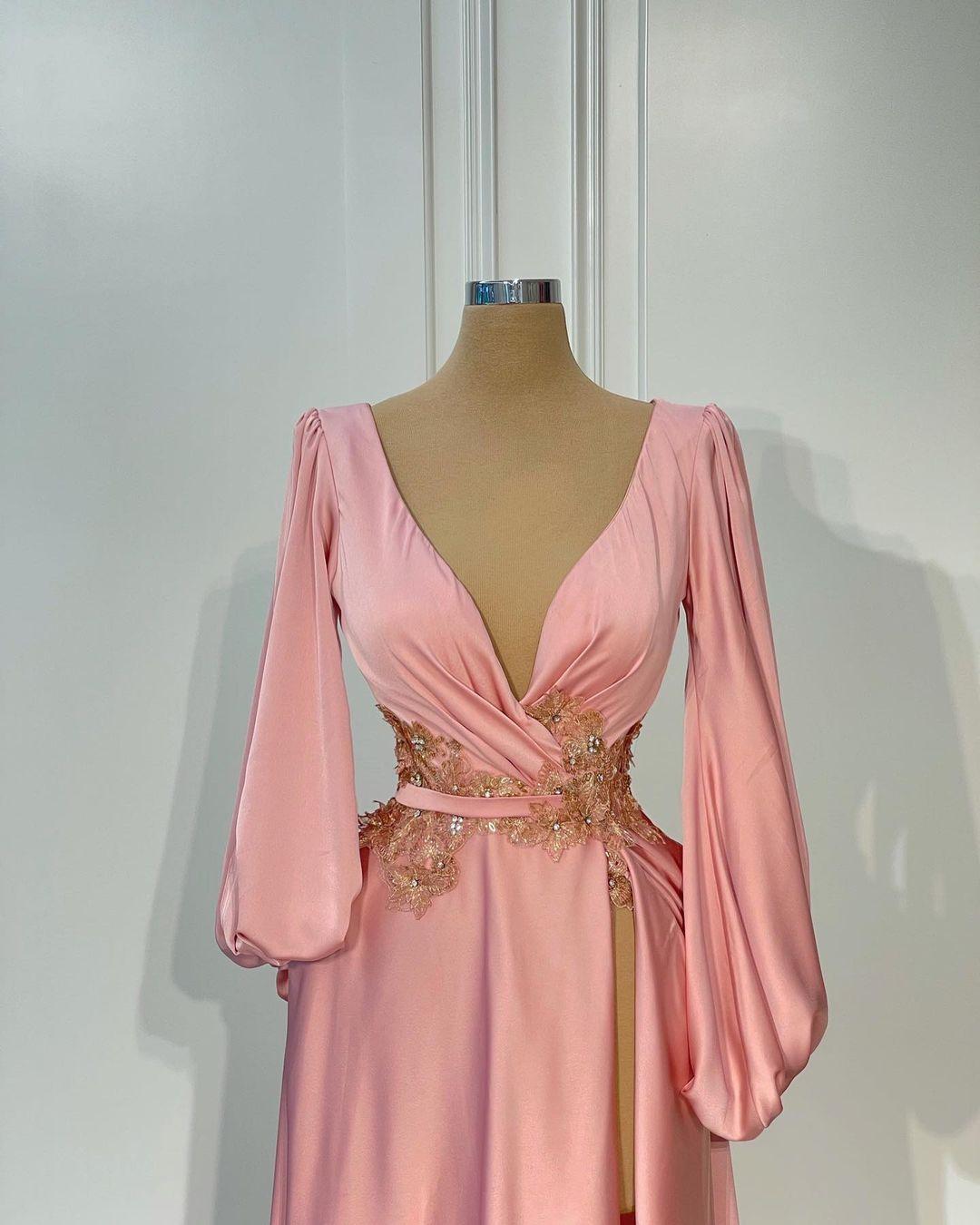 Pink A Line Evening Dresses Chic Beads Appliqued Deep V Neck High Side Split Prom Dress Long Sleeve Formal Vestidos De Novia