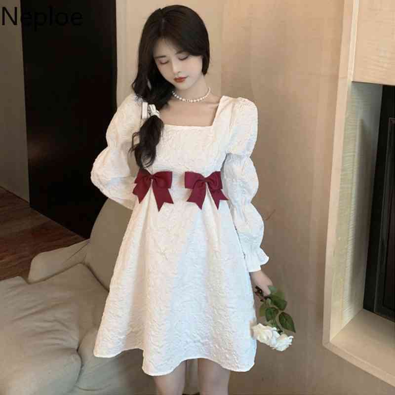 Neploe Fashion Woman Dress Chic Bow Slim Princess Dress Korean White Vestidos Mujer Square Collar Puff Sleeve Sweet Robe 95373 210422