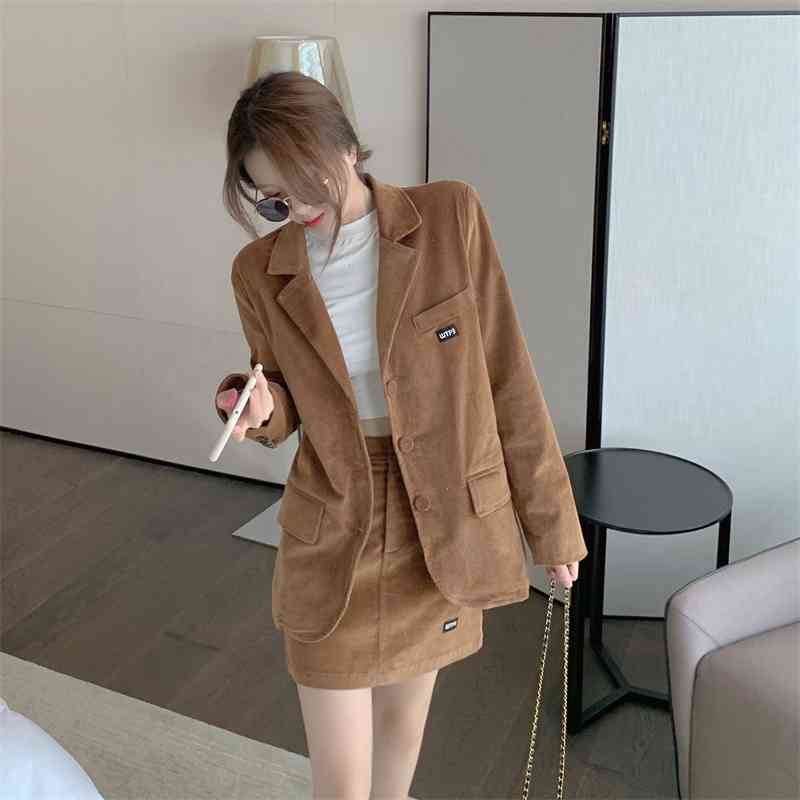 Korean Corduroy Two Piece Skirt Suit Set Women Single-breasted Blazer + Mini Outfits Fashion Office Streetwear Female 210514