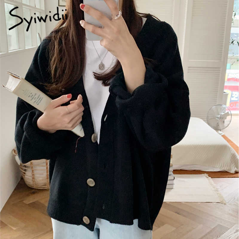 Syiwidii Oversized Knitted Cardigans Women Harajuku Brown Sweater Autumn Winter Korean Tops Casual Vintage Black Warm Coat 210914