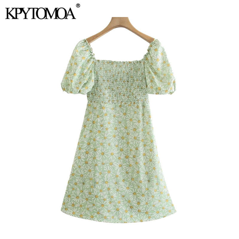 Women Chic Fashion Floral Print Smocked Linen Mini Dress Puff Sleeve Side Zipper Female Dresses Vestidos 210420