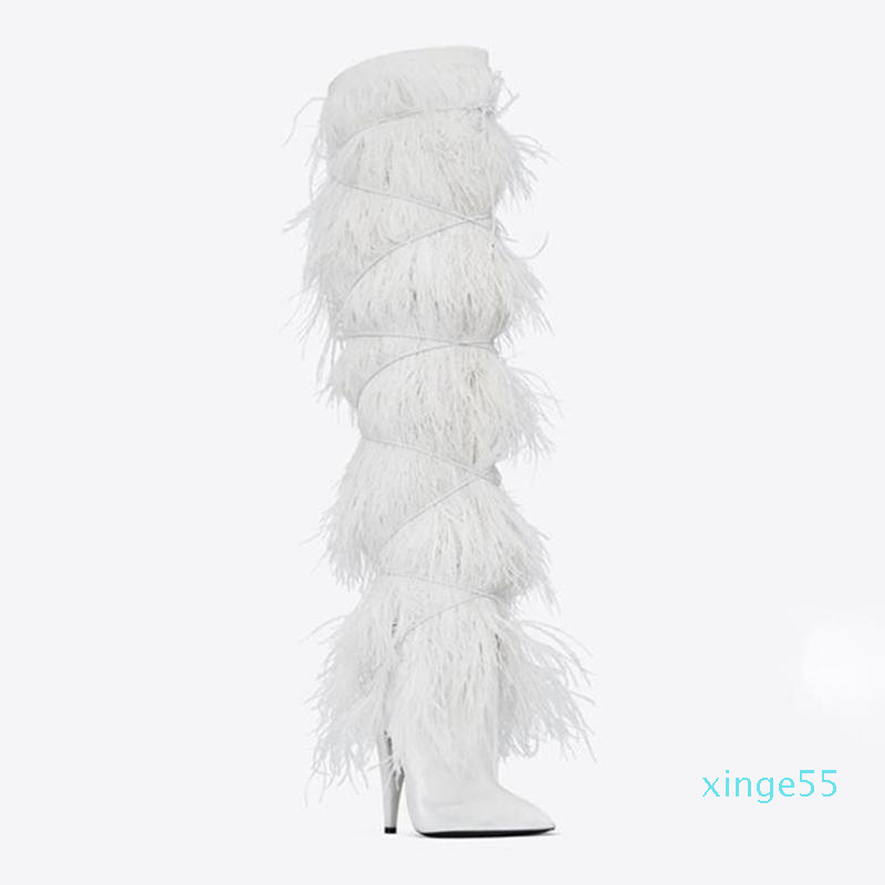 Boots Custom Made Fether Winter Over The Knee High Heel Runway Women Shoes Warm Rivet Bird Feather Fashon Party 10 Cm