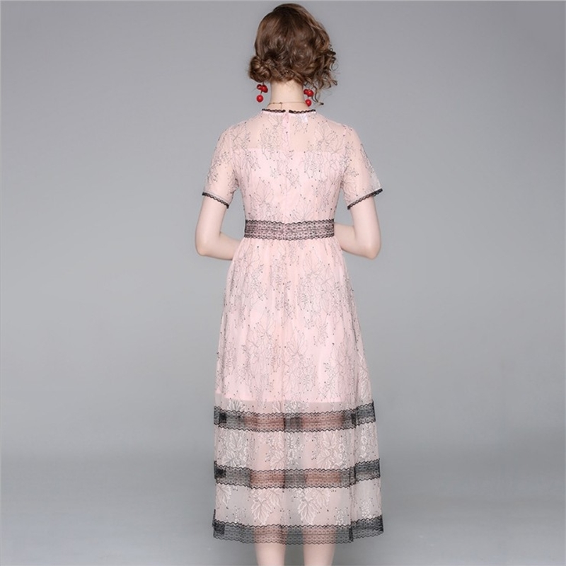 Fashion Runway Summer Dress Women Short Sleeve Lace Patchwork Vintage Female Vacation Midi Dresses Vestidos 210520