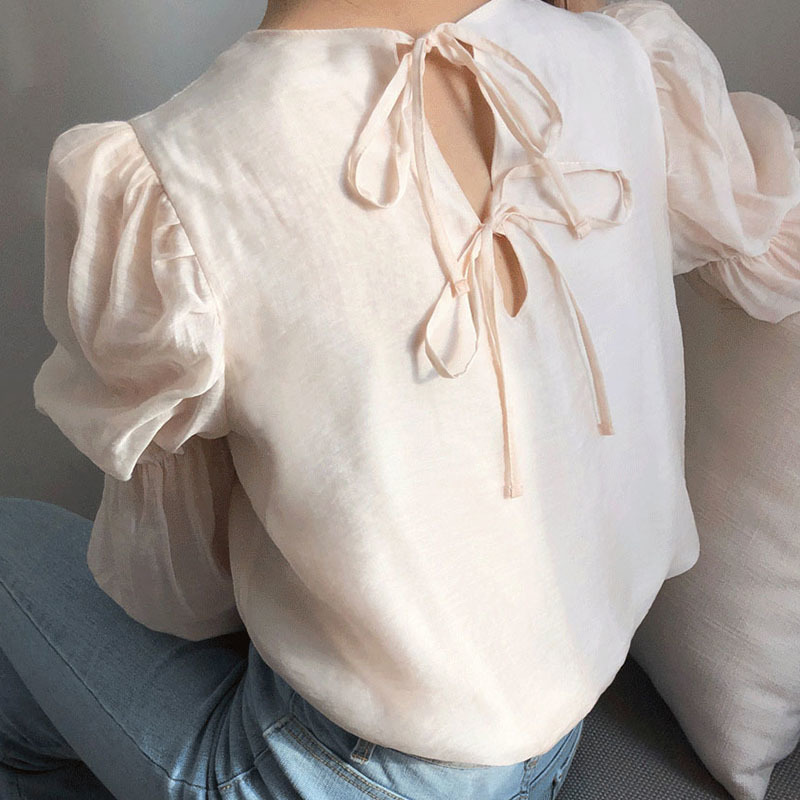 Nomikuma Women Blouses Causal O-neck Back Bow Tie Shirt Pleated Puff Long Sleeve Solid Spring New Blusas Feminimos Top 6E012 210427