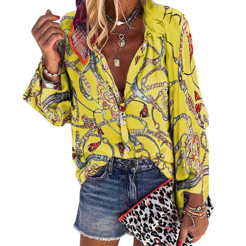 Women's Blouses Plus Size Women Blouse V-neck Long Sleeve Chains Print Loose casual Shirts Womens Tops And Blouses