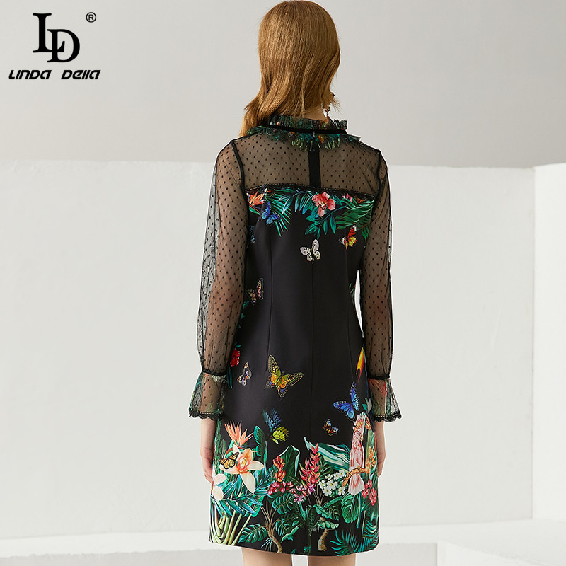 Summer Fashion Runway Vintage Dress Women Mesh Long Sleeve Embroidered Floral Print A Line Mini Dresses 210522