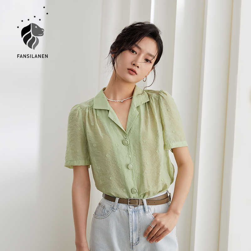 FANSILANEN Office Lady French Retro Polka Dot Light Green Shirt Women Summer Suit Collar Short-sleeved Womens Tops 210607
FANSILANEN Office Lady French Retro Polka Dot Light Green Shirt Women Summer Suit Collar Short-sleeved Womens Tops 210607