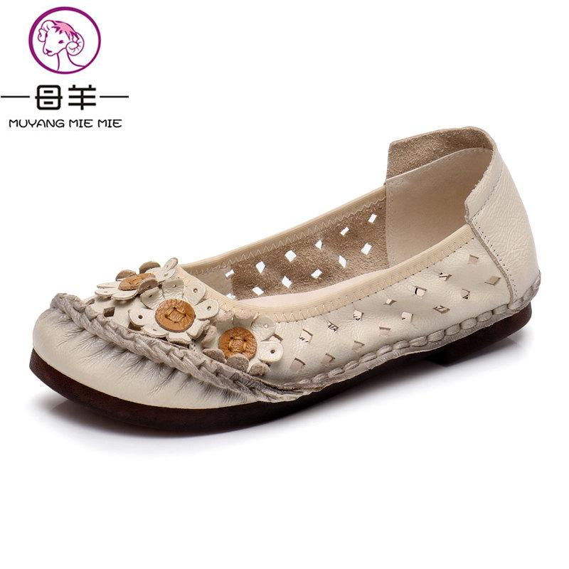 Women Sandals Summer Shoes Woman Genuine Leather Flat Female Flower Casual, Black