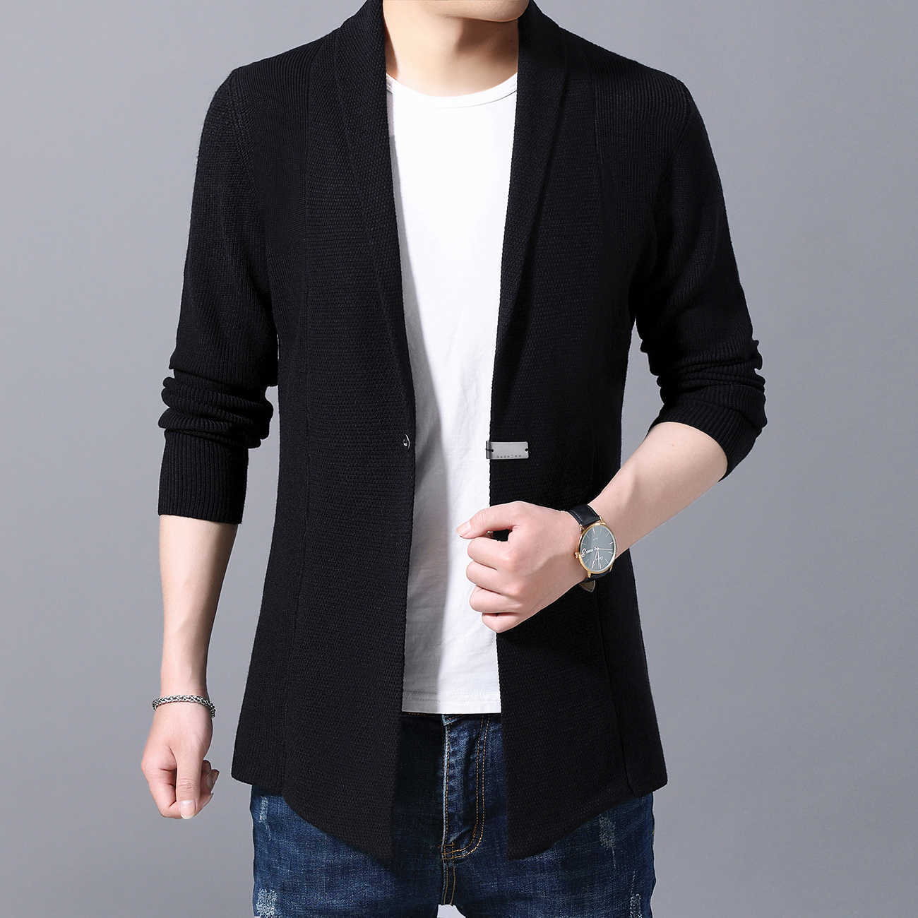 Cardigan Mens Sweaters Spring Autumn Men Casual Cardigan Jacket Man Solid Color Long Sweater Windbreaker Single Button Coats 210820