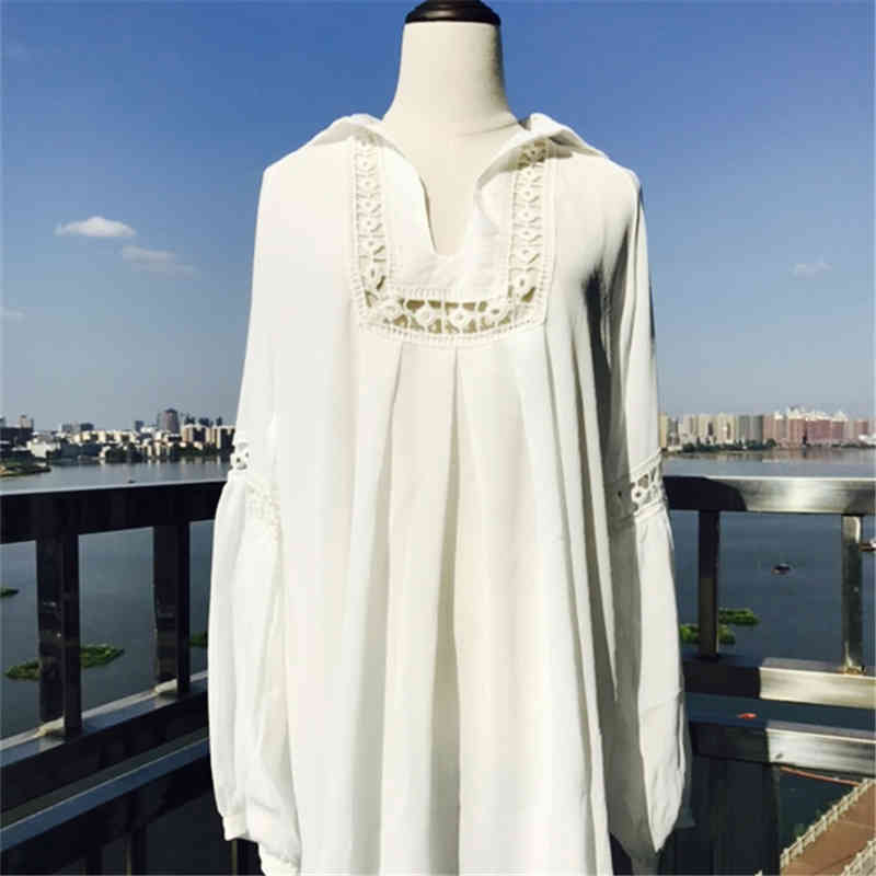 Bikini Cover-ups Sexy Hollow Out Turn Down Collar Long Sleeve Beach Dress For Women Summer Wear Swim Suit Cover Up Q86 210420