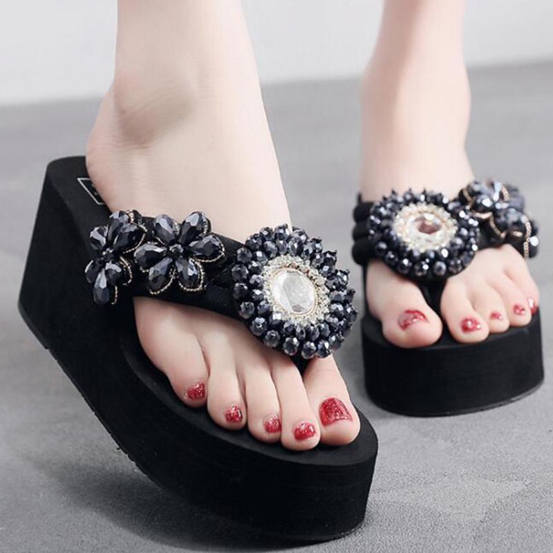 Slippers 2021 Arrival Fashion Crystal Platform Women Lady Sexy Rhinestone Wedges High Heels Slides Beach Shoes S143