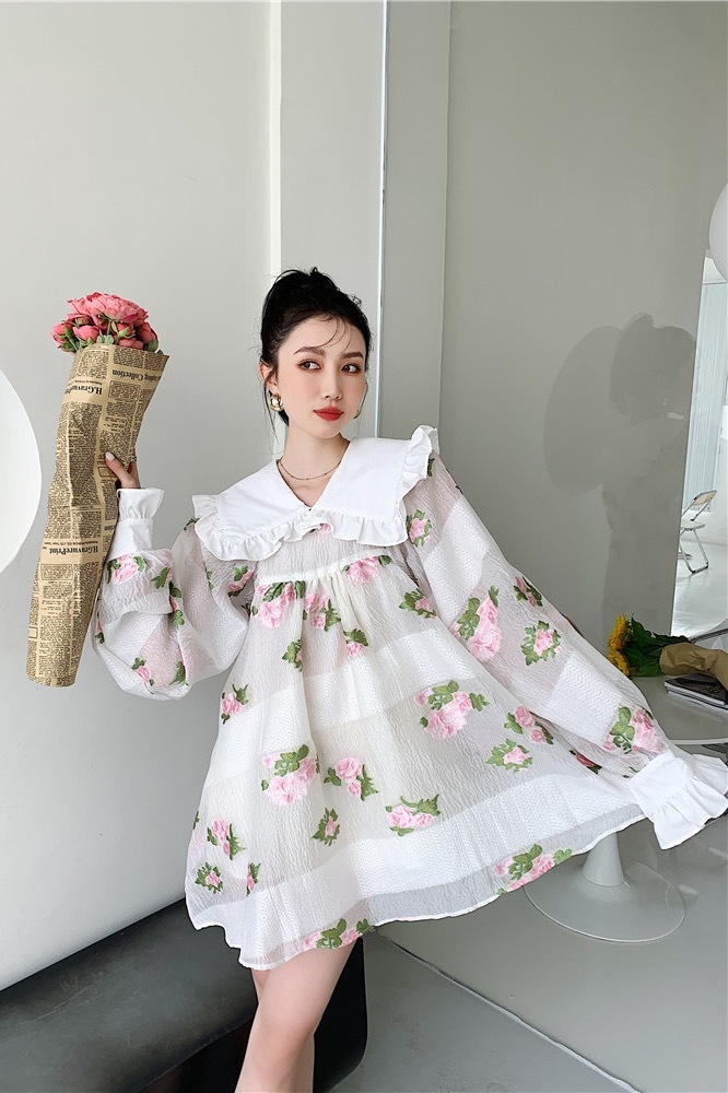 Jacquard Peter Pan Collar Lantern Sleeve Dress Spring Runway Long Floral Mini Loose Ruched Women 210427