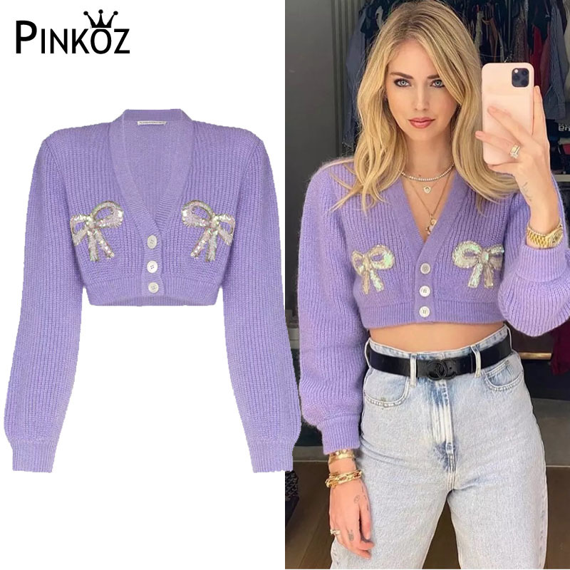 runway bow sequined single breasted short sexy streetwear purple lantern sleeve chic cardigan women top pull femme 210421