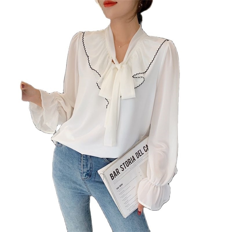 Bowknot Bandage Solid Color V-neck Long Sleeve Chiffon Shirt Women's Spring Korean Casual Top 210520, White
Bowknot Bandage Solid Color V-neck Long Sleeve Chiffon Shirt Women's Spring Korean Casual Top 210520, White