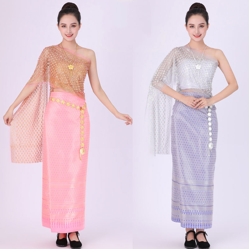 Traditional Thailand ethnic Costume Slim Sexy Wrapped Chest suit Thai Women classical dress vintage asian clothing festival stage wear