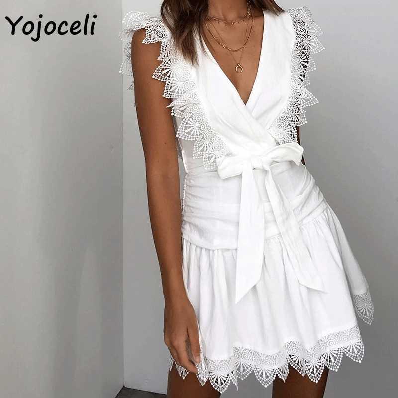 Yojoceli spring chic lace patchwork dres french style warp mini streetwear bow 210609