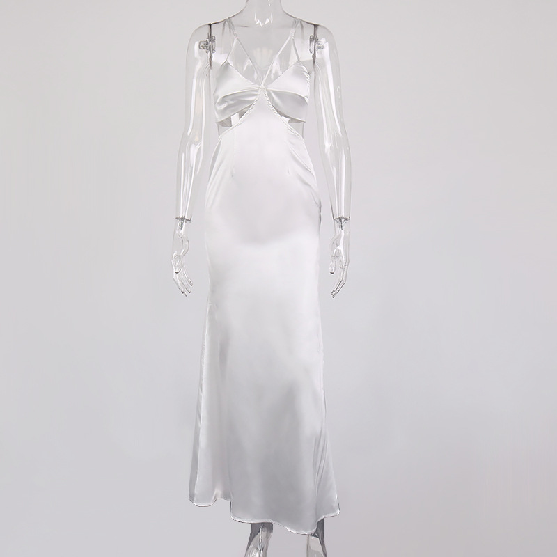 Women Dress Hollow Out V-neck Vintage Sexy White Party Sleeveless Long Girls Summer Fashion 210513