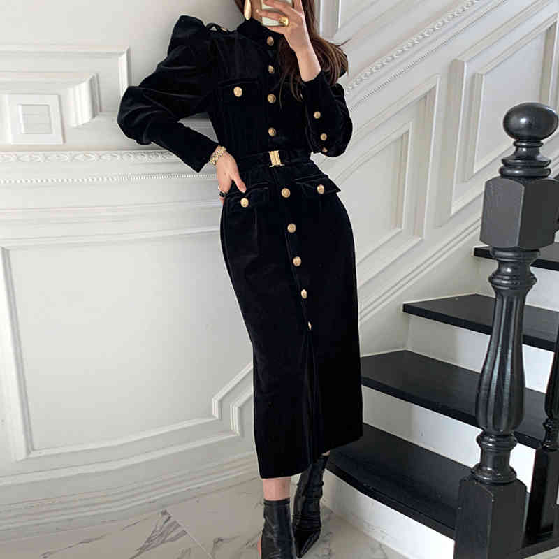 Autumn Winter Women Black Velvet Dress Korean Lady Elegant Long Sleeve Single Breasted Slim Dresses With Belt Female Vestidos 210519