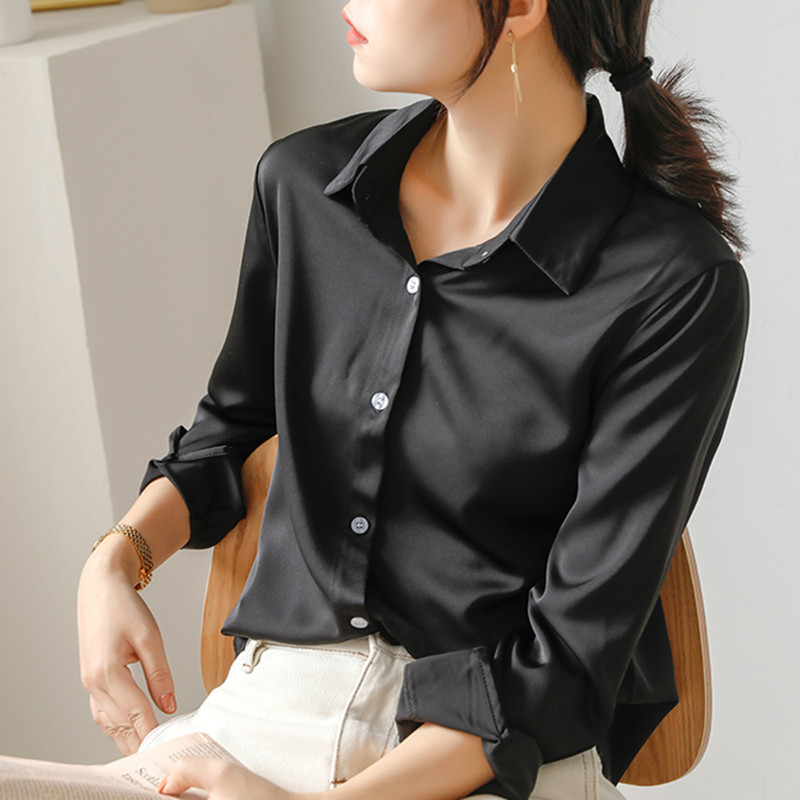 OL Elegant Career Slim Fit Basic Shirt Autumn Tops Lapel Solid Long-sleeved Formal Chiffon Blouses Woman Clothes 210421