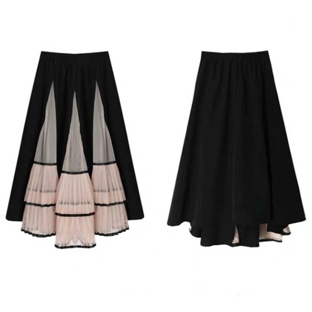 Vintage Elastic High Waisted Pleated Skirt Women Mesh Half Body A-line Long Bubble tulle Skirts Elegant Spring Summer 210619wtt