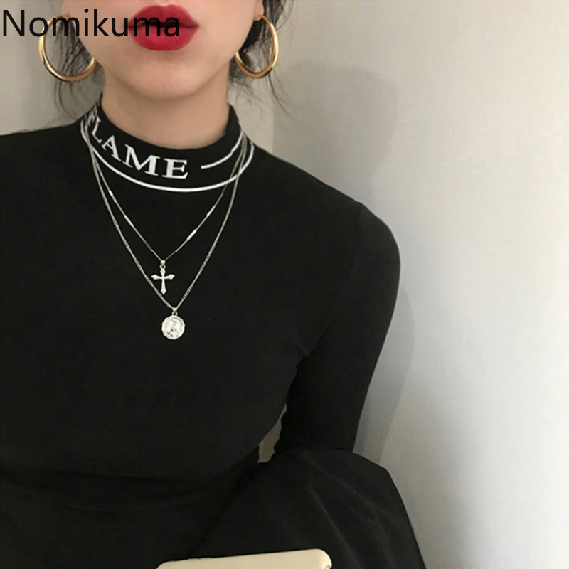 Nomikuma Korean Letters Turtleneck Women T Shirts Stretch Slim Autumn Winter Warm Bottom Tee Tops New Sexy Tshirt 6C718 210427