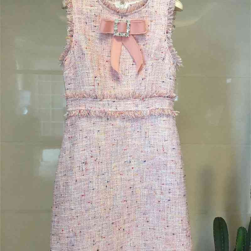 Arrival Women Sweet Diamond Bow Tweed Woolen Dress Pink Tassel Chic Summer Vestido 210520