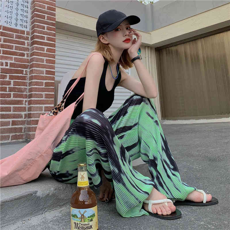 Pants & Capris Thin Summer Blue High Waist Tie-dye Wide-leg Women Casual Straight Loose Mopping Trousers Street Retro 210429