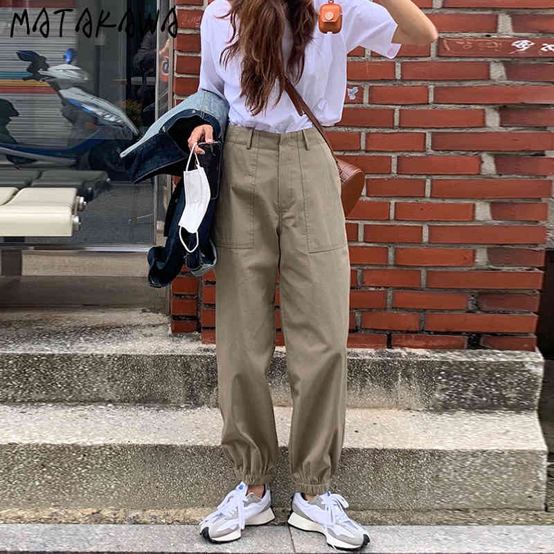 MATAKAWA Elastic Overalls Casual Pants Women Korea Chic Autumn Cargo Pants Simple High Waist Straight Pocket Trousers 210513