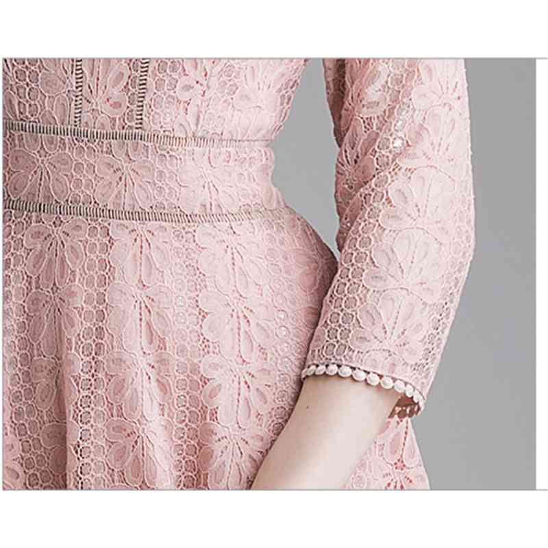 Spring Lace Dress Work Casual Slim Women Party es V-Neck Sexy Hollow Out Pink Long Vestidos 210520