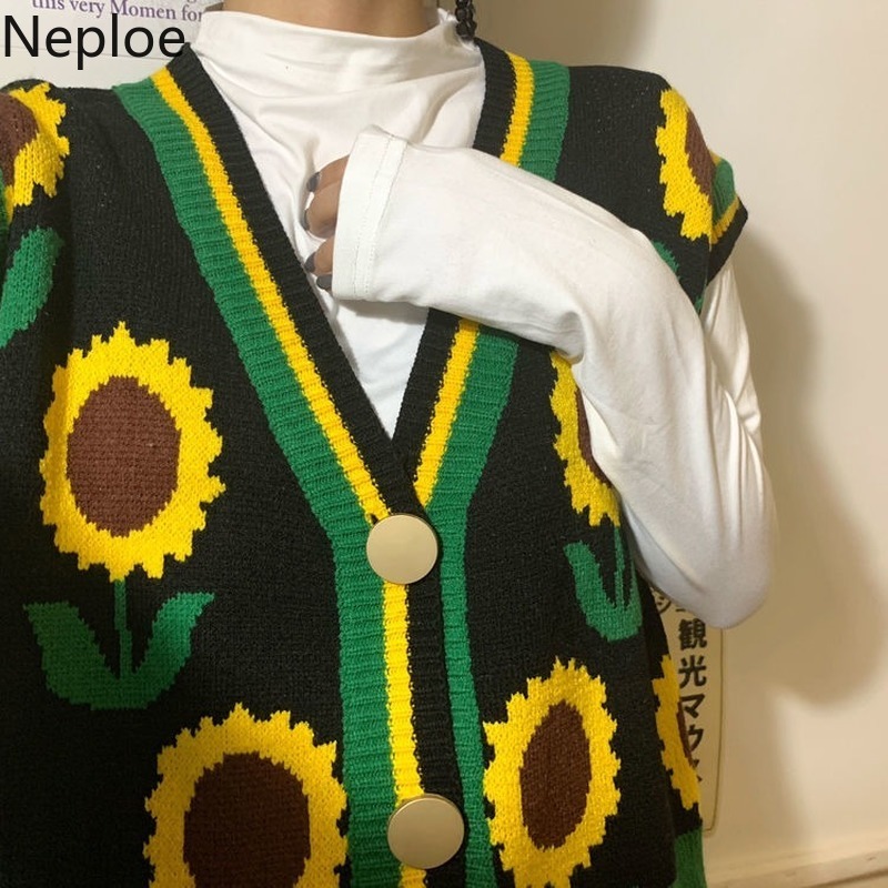 Neploe Woman Sweaters Knit Print Pullovers Vest Women New Fashion Sleeveless Jumper Tops V-neck Loose Knitwear Tank 4G473 210422