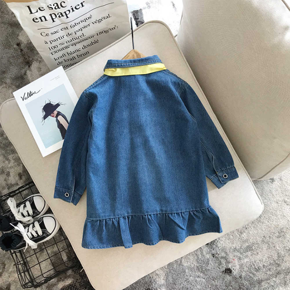 Mudkingdom Girls Denim Dress Toddler Kids Baby Long Sleeve with Yellow Tie Children Clothes 210615