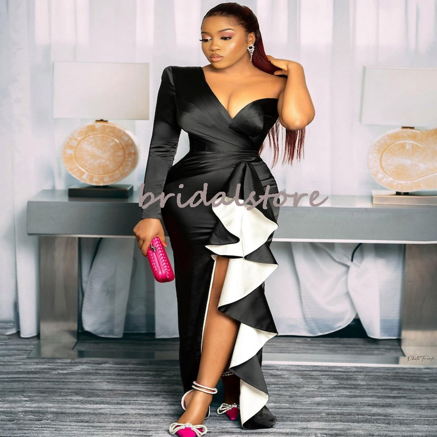 Sexy Black Plus Size Prom Dresses With Slit One Shoulder Long Sleeve Satin Mermaid Evening Dress 2022 Ruffles Formal Party Gowns Black Girls Aso Ebi R