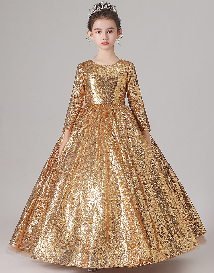 Sequined Pageant Fluffy Off The Shoulder Ruched Gold Bling Flower Girl Ball Gowns Party Dresses For Girls 403
