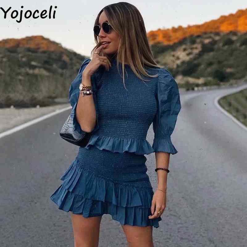 Yojoceli Elegant ruffle bodycon dress women 2 piece set Summer party casual dress female Cool beach short cool mini dresses 210331