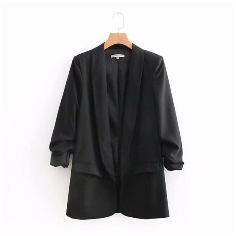 Chic Candy Solid Color Ruched Cuff Mid Long Blazer With Lining Woman Shawl Collar Slim fit Suit Casual Jacket Coat Outerwear 210429