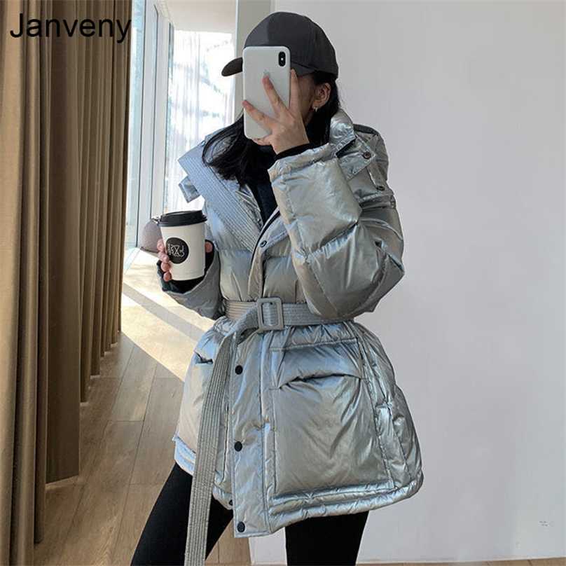 Janveny Glossy Shiny Down Jacket Women Winter 90% White Duck Coat Female Puffer Parkas Hooded Waterproof Snow Outwear 211018