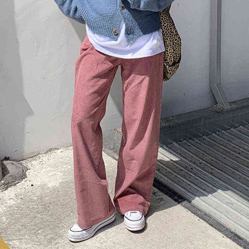 Beige Corduroy Wide Leg Pant Korean Style Soft Girl Pink Spring Plus Size Black Trousers For Female Oversize 211124Z