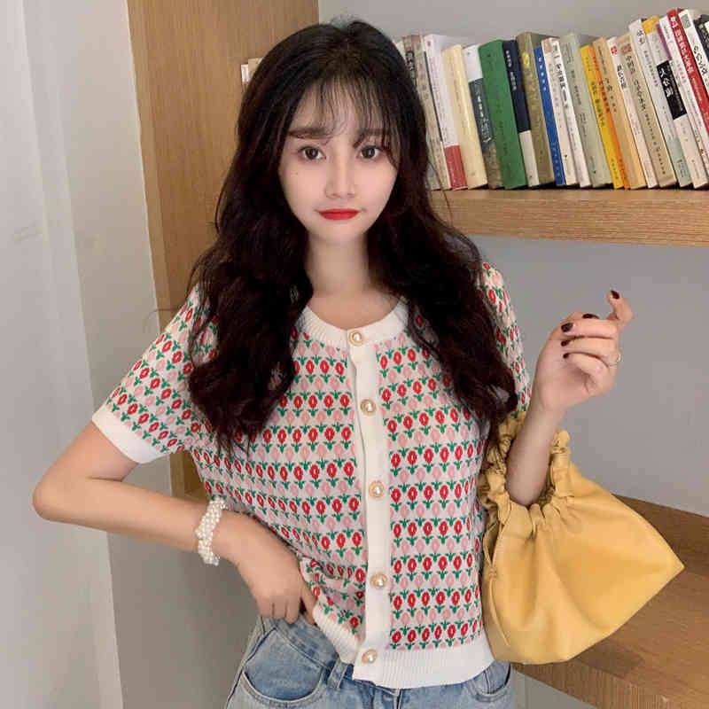 Lucyever Summer women fashion printing O-Neck sweater Casual elastic single-breasted shirt woman Sweet loose Knitted shirt lady 210521