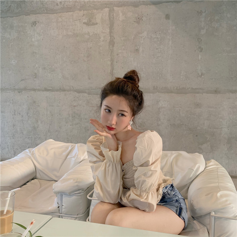 Autumn Women Blouses Sexy Shoulder Strapless Square Collar Shirts Solid Full Sleeve Slim Waist Tops Female Blusas 10161 210427