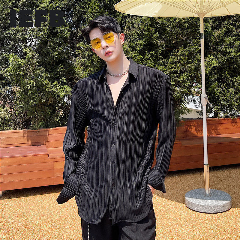 IEFB Korean Trend Solid Color Stirped Long Sleeve Black Shirt For Male Fashion White Lapel Causal Shirts 9Y7395 210524