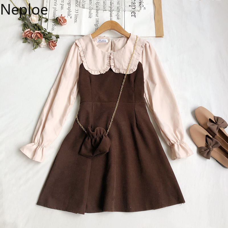 Neploe Women's Dress Contrast Color Patchwork Vestidos Autumn Korean Turn Down Collar Slim Chain Belt Bag All-match Dresses 210422