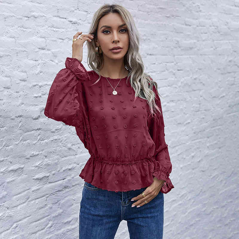 O-Neck Swiss Dot Flounce Sleeve Ruffle Hem Blouse Women Spring Long Fashion See Through Ladies Sheer Top 210510