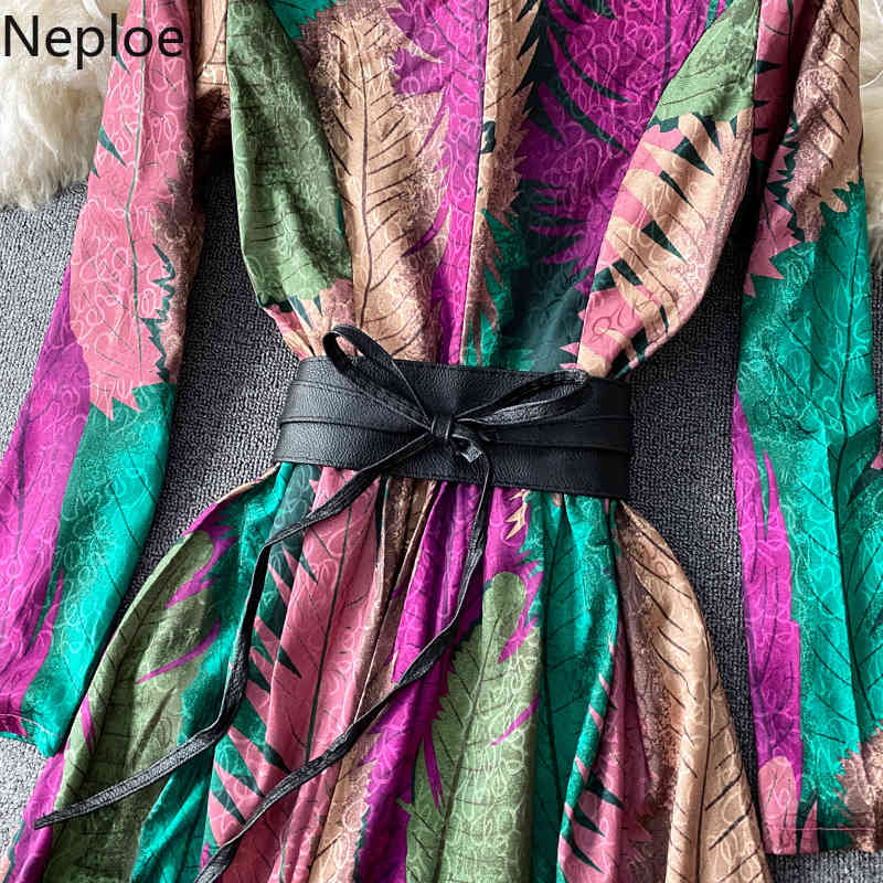 Neploe Maxi Dresses for Women O-neck Long Sleeve Print Vestidos Mujer Beach Style Lace Up Slim Waist Big Swing Elegant Dress 210422