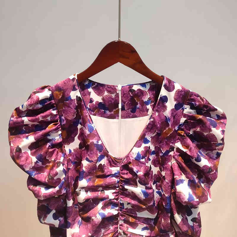 VGH Sexy Slim Ruched Dress For Women V Neck Puff Long Sleeve High Waist Print Hit Color Vintage Dresses Female Spring New 210421