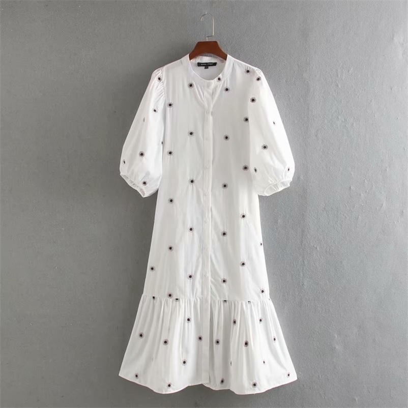 women vintage lantern sleeve flower embroidery midi shirtdress female hem pleats vestidos chic casual loose dresses DS3436 210409